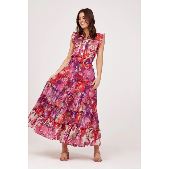 MISA Los Angeles Trina Maxi Dress in Coming Up Roses Pink Ruffle Size Small - Picture 1 of 6
